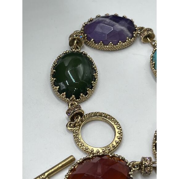 Lauren Ralph Lauren Multicolor Cabochon‎ Stone Gold Tone Toggle Bracelet - Picture 4 of 8